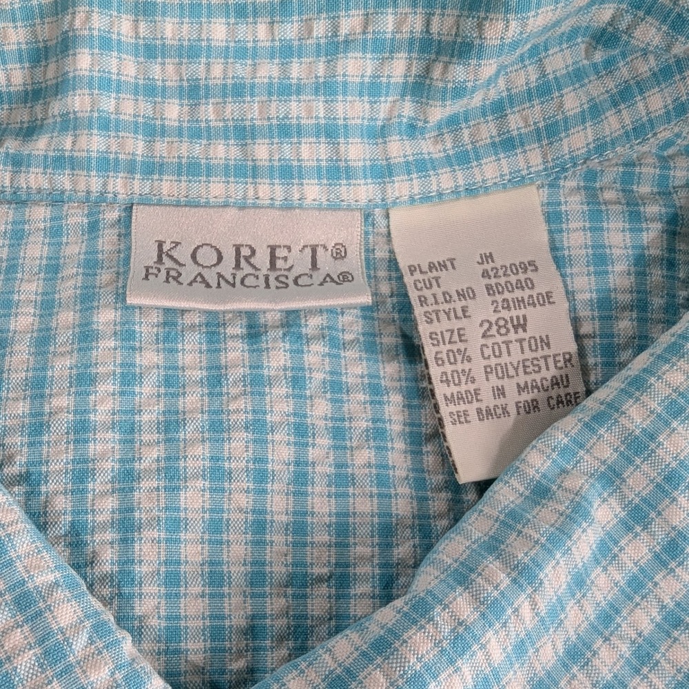 Koret Francisca Womens Turquoise Gingham Embroidered Floral Short Sleeve 28W - Picture 3 of 9